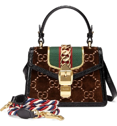 Shop Gucci Mini Sylvie Velvet Top Handle Bag - Brown In Brown/ Nero/ Vert Red Vert