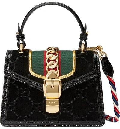 Shop Gucci Mini Sylvie Velvet Top Handle Bag - Black In Nero/ Vert Red/ Mystic White