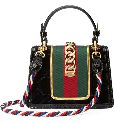 Shop Gucci Mini Sylvie Velvet Top Handle Bag - Black In Nero/ Vert Red/ Mystic White