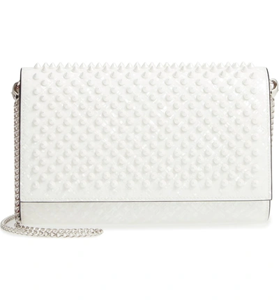 Shop Christian Louboutin Paloma Spiked Patent Calfskin Clutch - White In Pearl/ Latte