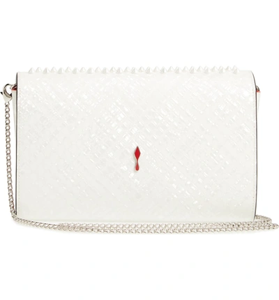 Shop Christian Louboutin Paloma Spiked Patent Calfskin Clutch - White In Pearl/ Latte