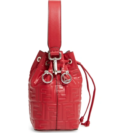 Shop Fendi Mini Mon Tresor Logo Leather Bucket Bag In Fragola/ Palladio