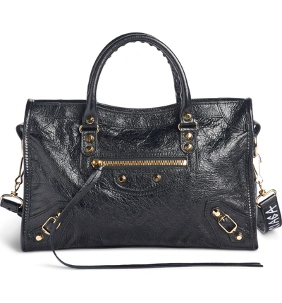 Shop Balenciaga Arena Classic City Leather Tote With Graffiti Strap - Black In Noir