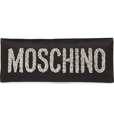 Shop Moschino Crystal Embellished Logo Clutch - Black