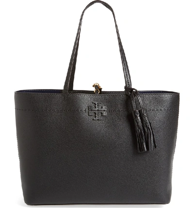 Shop Tory Burch Mcgraw Leather Laptop Tote - Black In Black/ Royal Navy