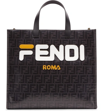 Shop Fendi X Fila Mania Logo Tess Shopper In Nero/ Bianco/ Oro Soft