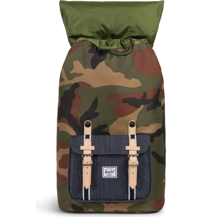 Shop Herschel Supply Co Little America Offset Backpack - Green In Woodland Camo/ Dark Denim