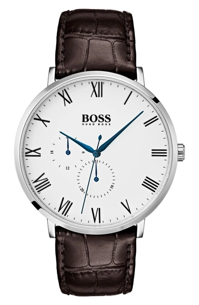 Shop Hugo Boss William Leather Strap Watch, 40mm In White/ Brown