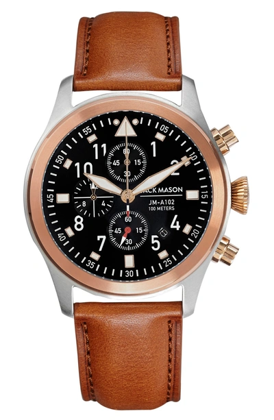 Shop Jack Mason Aviation Leather Strap Chronograph Watch In Black