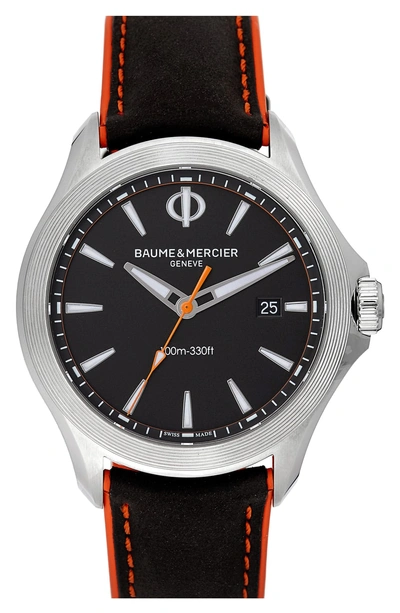 Shop Baume & Mercier Clifton Leather Strap Watch, 42mm In Black/black