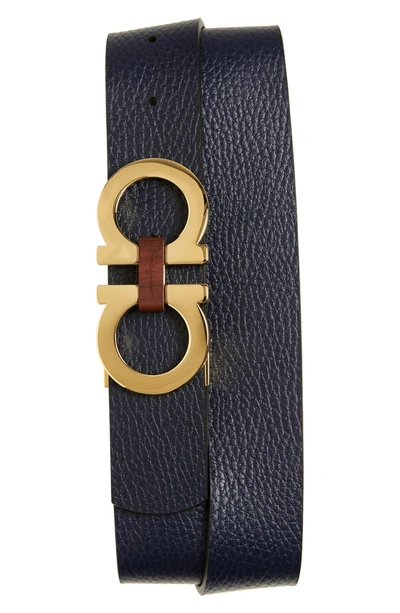 Shop Ferragamo Reversible Gancini Buckle Leather Belt In Nero/ Blue Marine