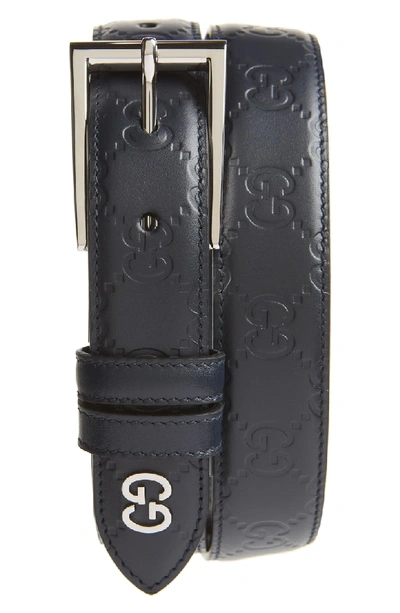 Shop Gucci Reversible Signature Leather Belt In Blue
