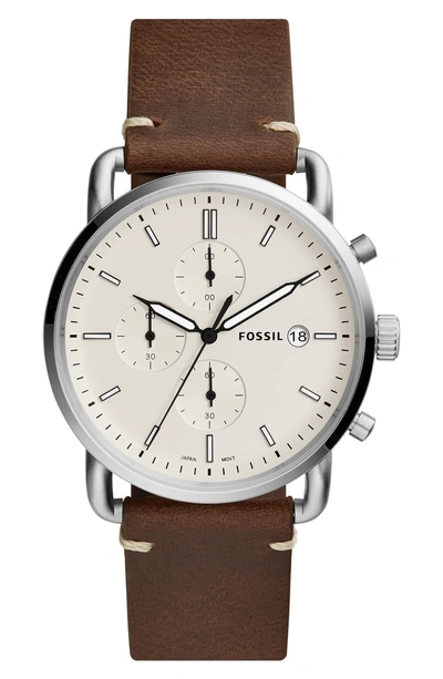 Shop Fossil The Commuter Chronograph Leather Strap Watch, 42mm In Brown/ Beige/ Silver