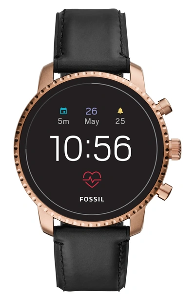 Shop Fossil Q Explorist Hr Leather Strap Smart Watch, 45mm In Black/ Rose Gold