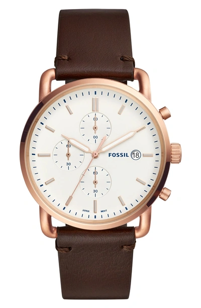 Shop Fossil The Commuter Chronograph Leather Strap Watch, 42mm In Brown/ White/ Rose Gold