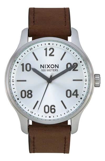 Shop Nixon Patrol Leather Strap Watch, 42mm In Brown/ Silver