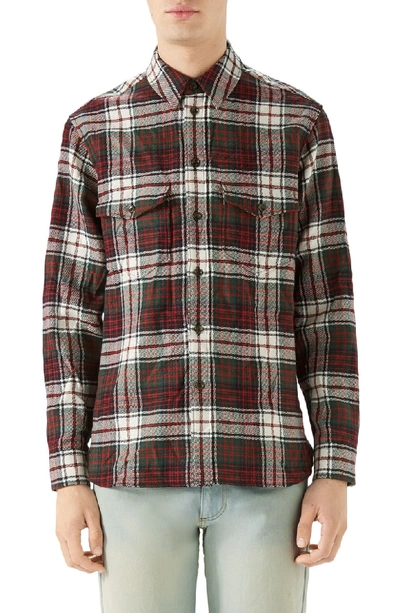 Shop Gucci Vintage Tartan Check Wool Flannel Sport Shirt In Red