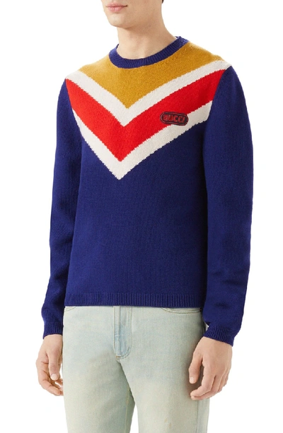 Shop Gucci Intarsia V-stripe Wool Sweater In Blue
