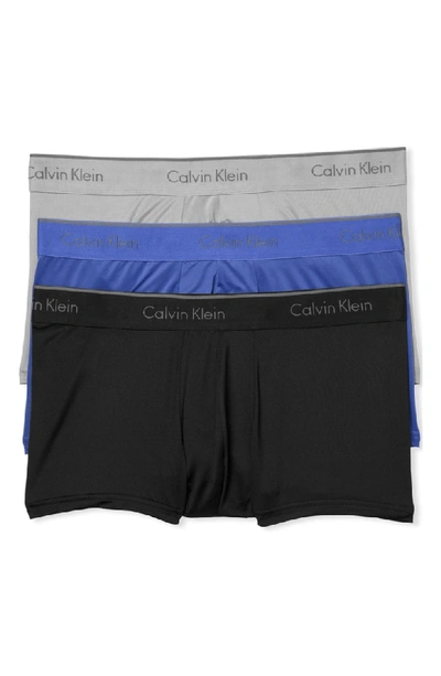 Shop Calvin Klein 3-pack Micro Stretch Trunks In Black/ Cobalt/ Grey