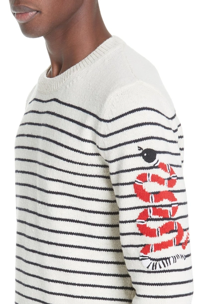 Gucci Men's Striped Wool Crewneck Sweater With Snake In Bianco | ModeSens