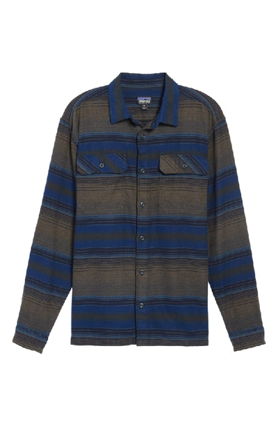 Shop Patagonia 'fjord' Regular Fit Organic Cotton Flannel Shirt In Blanket Stripe Navy Blue