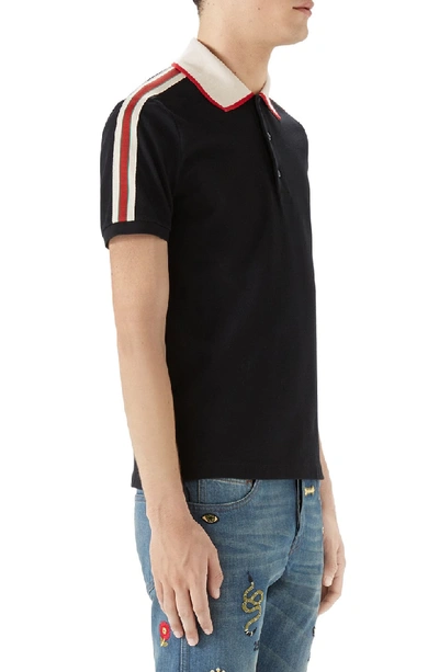 Shop Gucci Jacquard Stripe Sleeve Pique Polo In Black