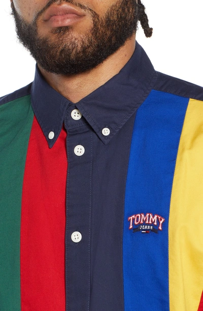 Shop Tommy Jeans Tjm Pieced Stripe Button Down Shirt In Black Iris / Multi