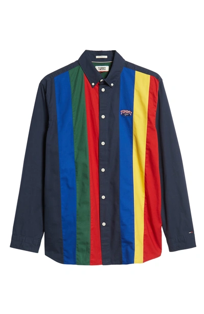 Shop Tommy Jeans Tjm Pieced Stripe Button Down Shirt In Black Iris / Multi
