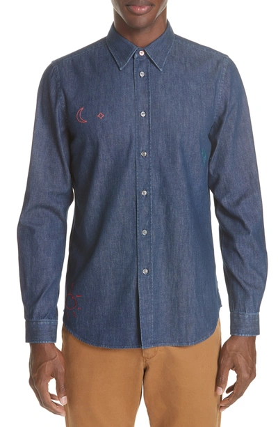 Shop Ps By Paul Smith Denim Shirt With Embroidery In Ant Blue