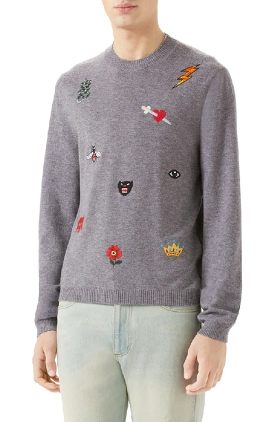 Shop Gucci Embroidered Wool Crewneck Sweater In Medium Grey