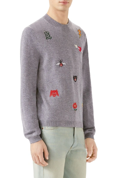 Shop Gucci Embroidered Wool Crewneck Sweater In Medium Grey