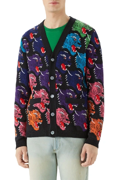 Shop Gucci Allover Panther Wool Cardigan In Black