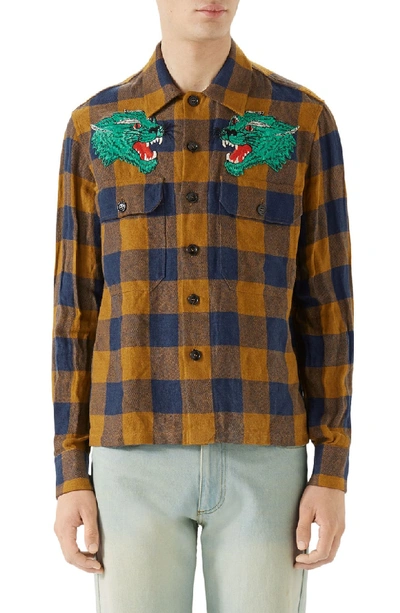 Shop Gucci Macro Gingham Panther Applique Linen Shirt Jacket In Orange