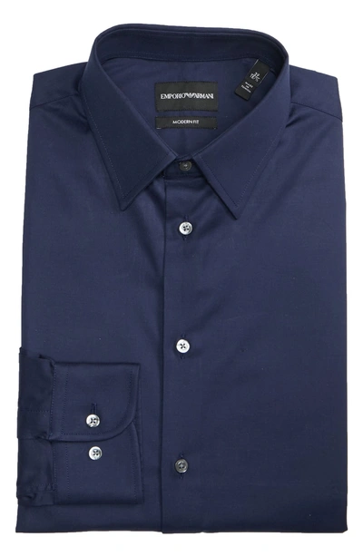 Shop Emporio Armani Trim Fit Stretch Solid Dress Shirt In Solid Dark Blue