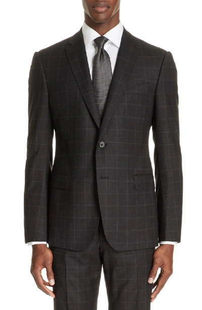 Shop Emporio Armani M-line Trim Fit Plaid Wool Suit In Charcoal