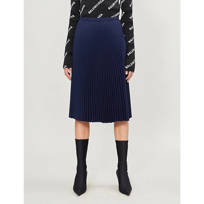 Shop Balenciaga Pleated Wool-blend Skirt In Marine Blue