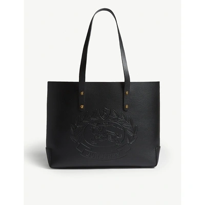 Shop Burberry Leather Embossed Crest Tote In Black