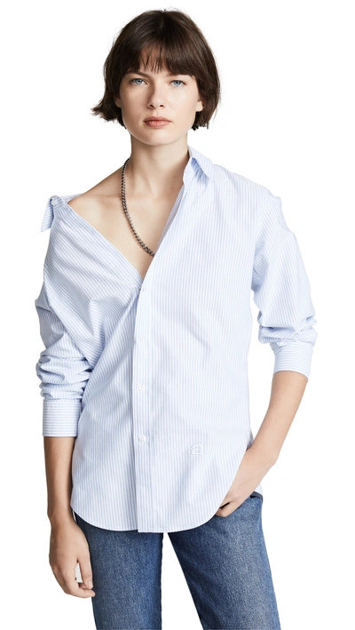 Shop Alexander Wang Off The Shoulder Shirt With Mixed Chain Necklace In Blue/white