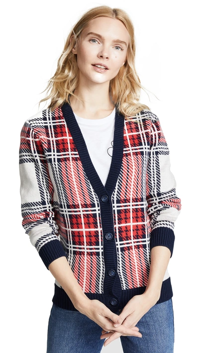 Shop Bop Basics Tartan Plaid Cardigan In Navy/tomato Plaid