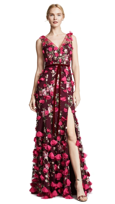 Shop Marchesa Notte V Neck Embroidered Gown In Wine