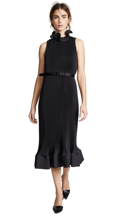Shop Tibi Pleated Belted Sleeveless Dress In Black