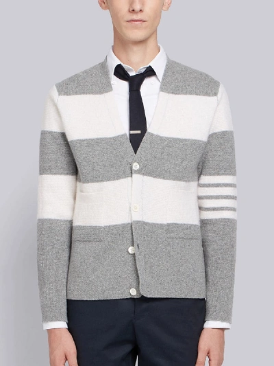 Shop Thom Browne Rugby Stripe Wool V-neck Cardigan In Grey