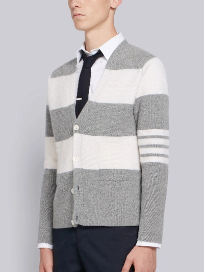 Shop Thom Browne Rugby Stripe Wool V-neck Cardigan In Grey