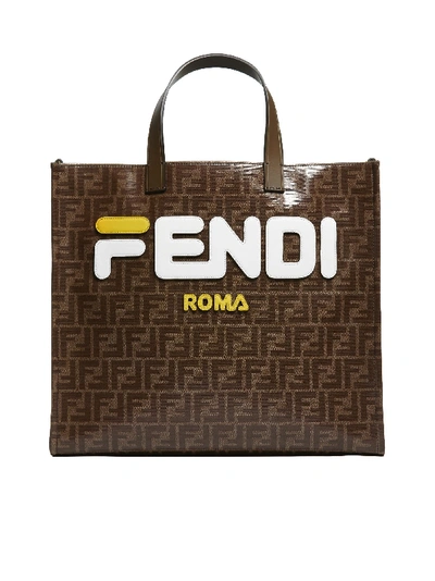 Shop Fendi Logo Tote In Marrone Bianco Giallo