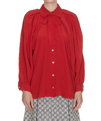 Shop Gucci Silk Shirt With Bow In Hibiscus Red