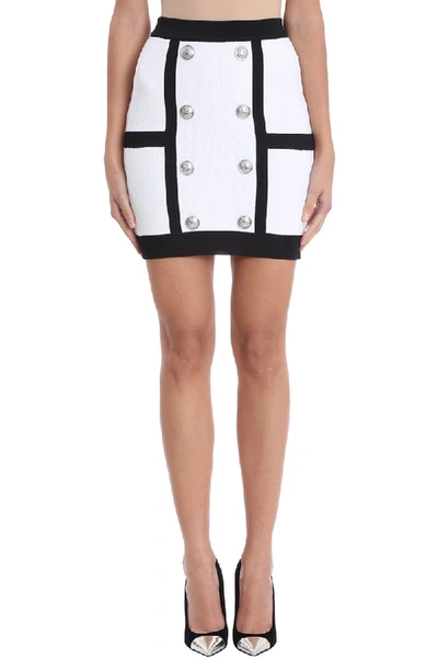 Shop Balmain Black White Wool Mini-skirt