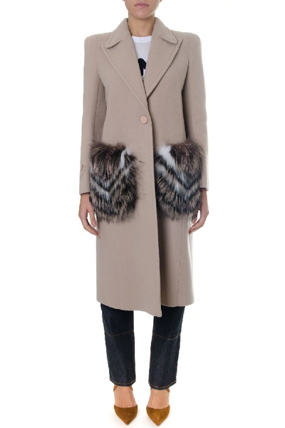 Shop Fendi Powder Wool Coat With Fur Detail