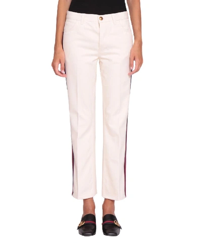 Shop Gucci Web Flare Denim Cotton Trousers In Bianco