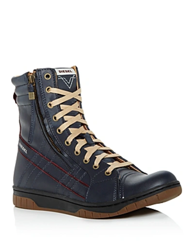 Shop Diesel Men's Tatradium Valadium Leather Sneaker Boots In Blue