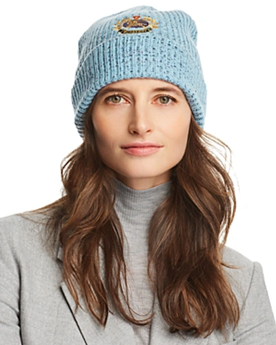 Shop Burberry Embroidered Crest Beanie In Blue Topaz